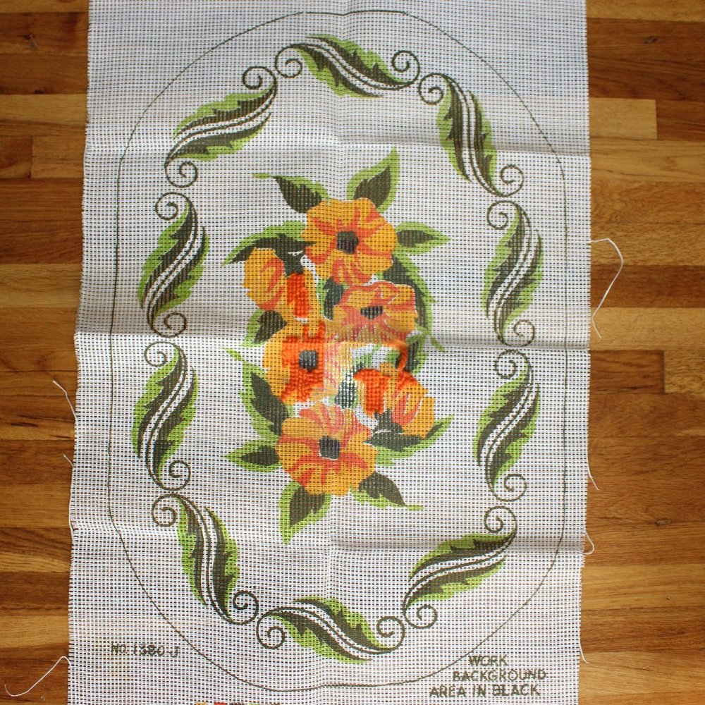 Vintage Oval Latch Hook Orange Green Black Flowers 23.25" x 35.25" Canvas Only